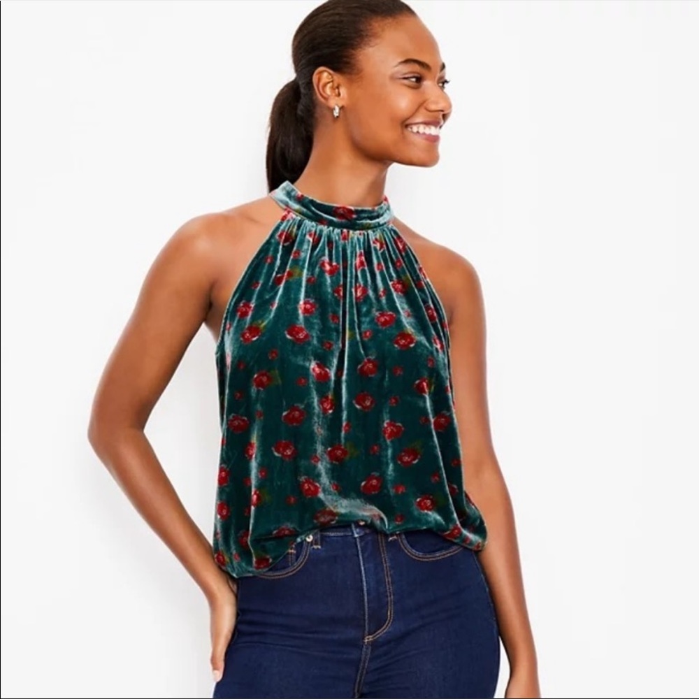 NWT - Loft Green Velvet w/Red Floral Halter Top, size XXL